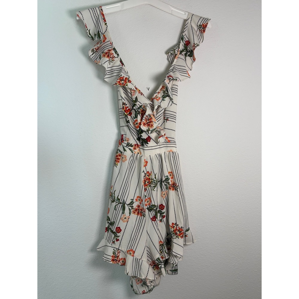 Milk & Honey Floral Striped Ruffle Romper White V-Neck Tie Back Size M